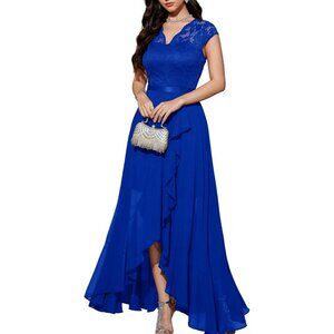 Women's Royal Blue V-Neck  Hi-Lo Floral Lace Prom Cocktail Party Formal Dress
